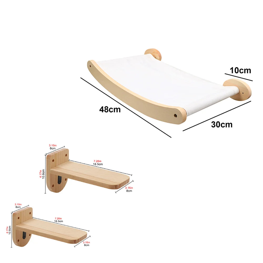 Natural Wood Cat Wall Furniture — Fabric Sling Hammock