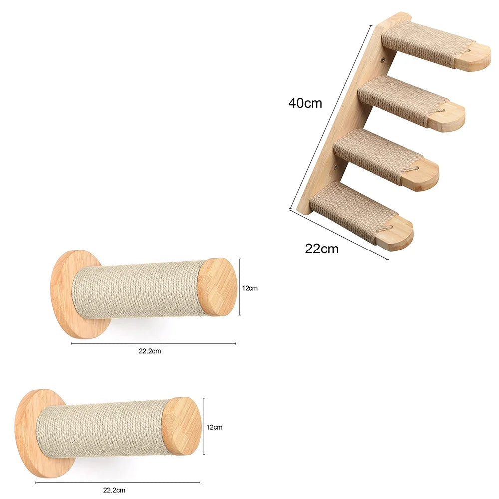Natural Wood Cat Wall Furniture — Ladder & 2 Scratching Posts