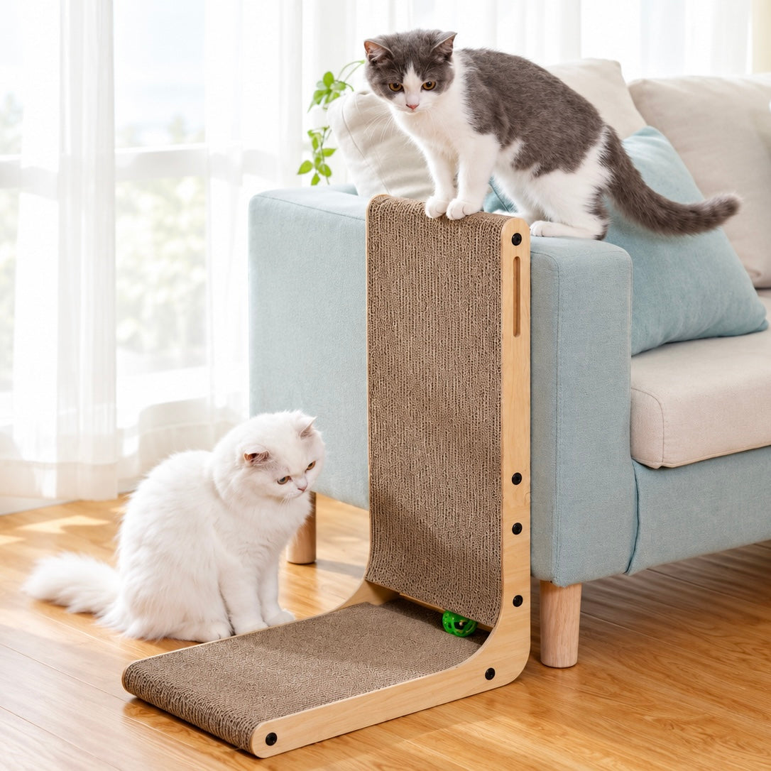 L-Shaped Wood & Cardboard Cat Scratcher