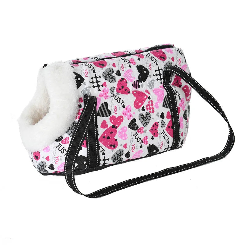Pink Heart Print plush-lined pet carrier