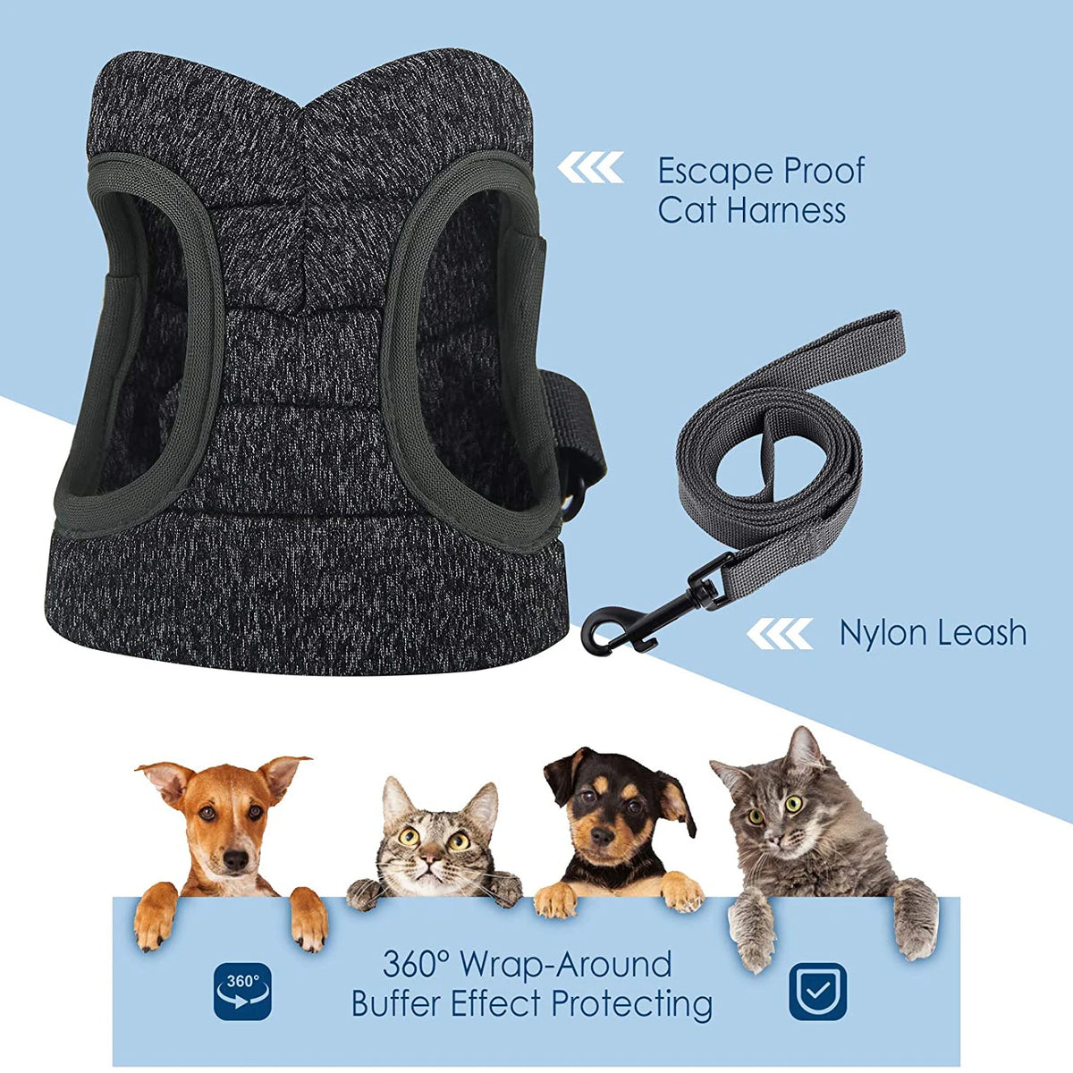 Gray harness and nylon leash feature graphic