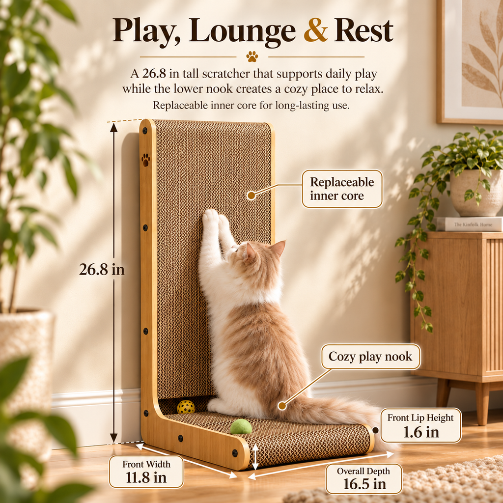 L-Shaped Wood & Cardboard Cat Scratcher