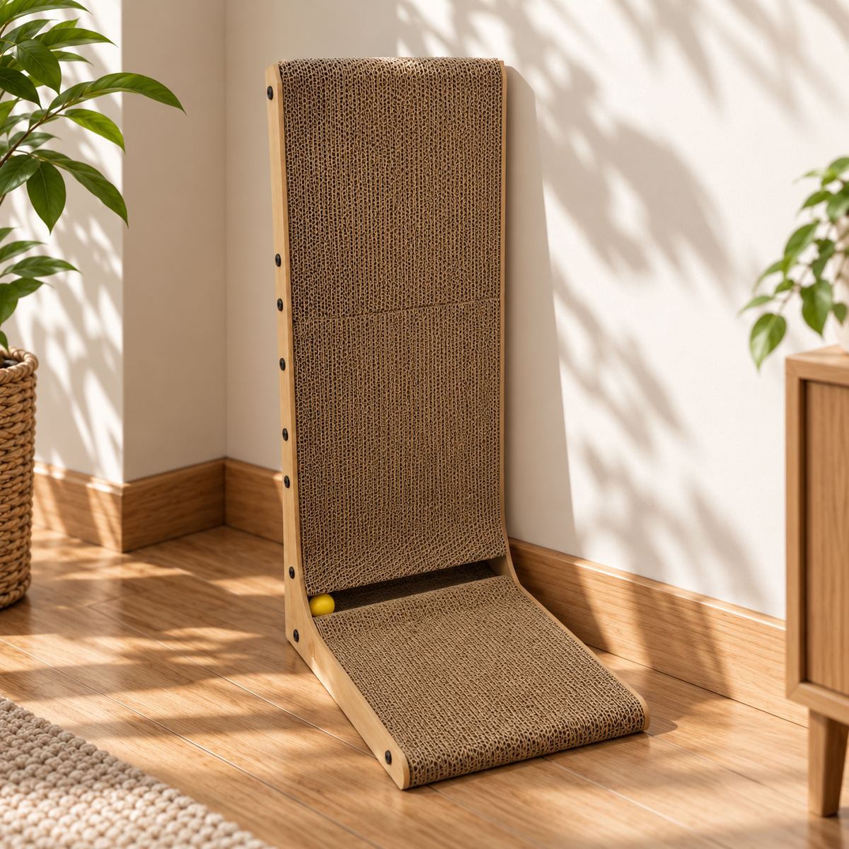 L-Shaped Wood & Cardboard Cat Scratcher