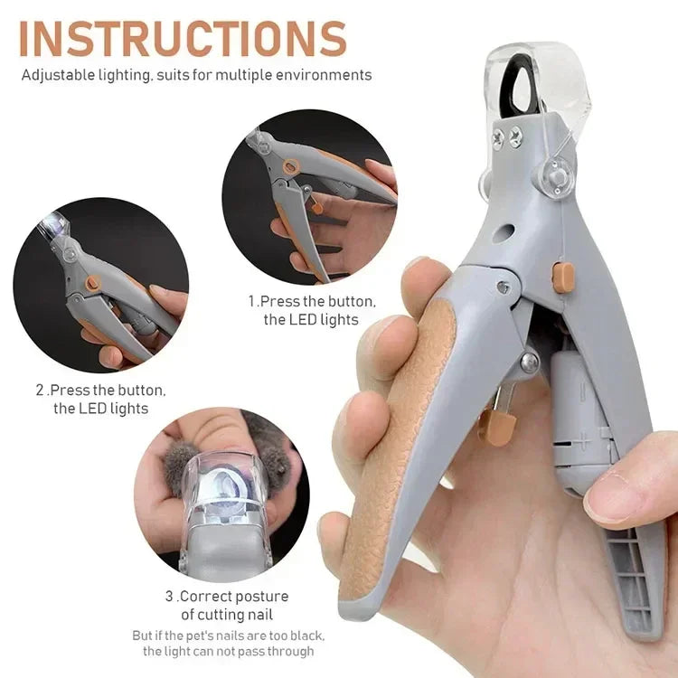 Illustrated steps for positioning the LED nail clipper