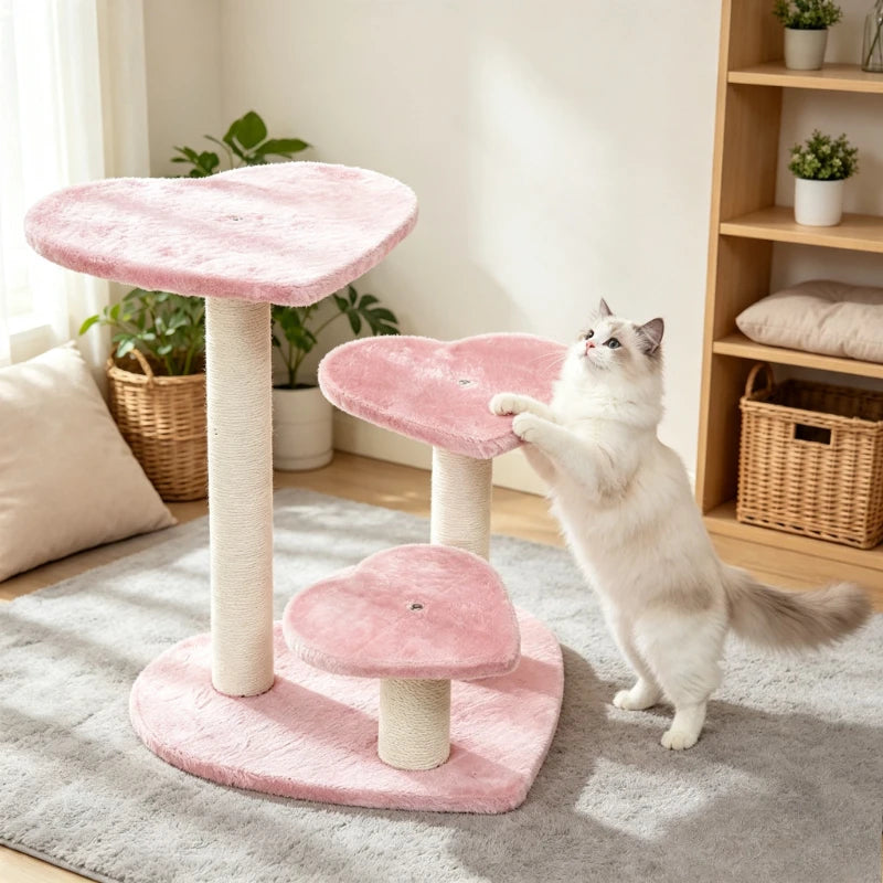 Pink heart-platform cat tree with a cat