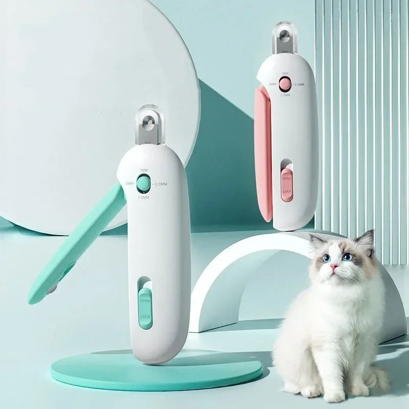 Mint and pink adjustable cat nail clippers with a cat
