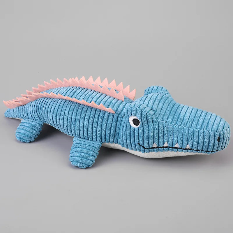 Blue corduroy crocodile squeaky dog toy