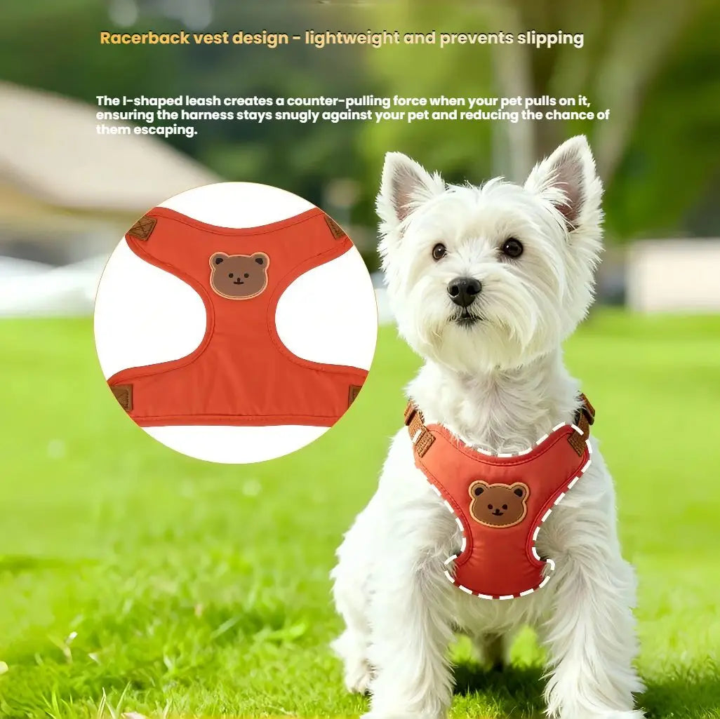 Red bear-detail mesh harness on a small dog