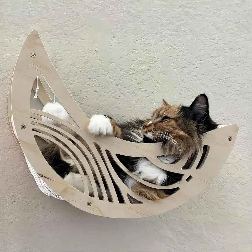 Cat resting in a natural wood moon hammock
