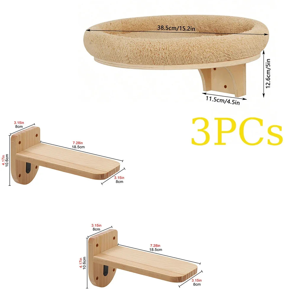 Round wall-mounted cat bed with three natural wood steps