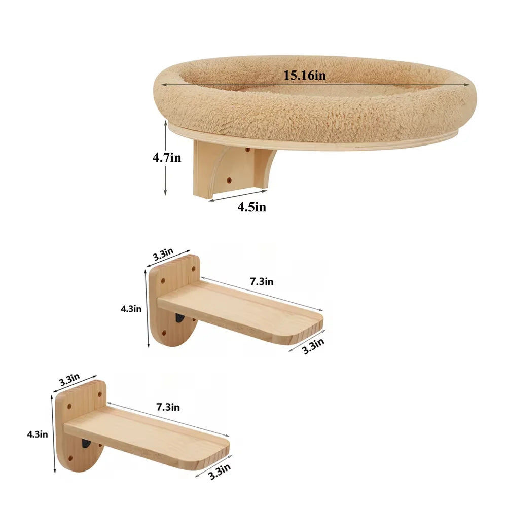 Wall-mounted cat hammock with two pine step perches