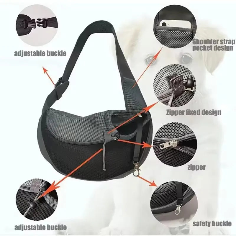 Black crossbody pet sling feature diagram