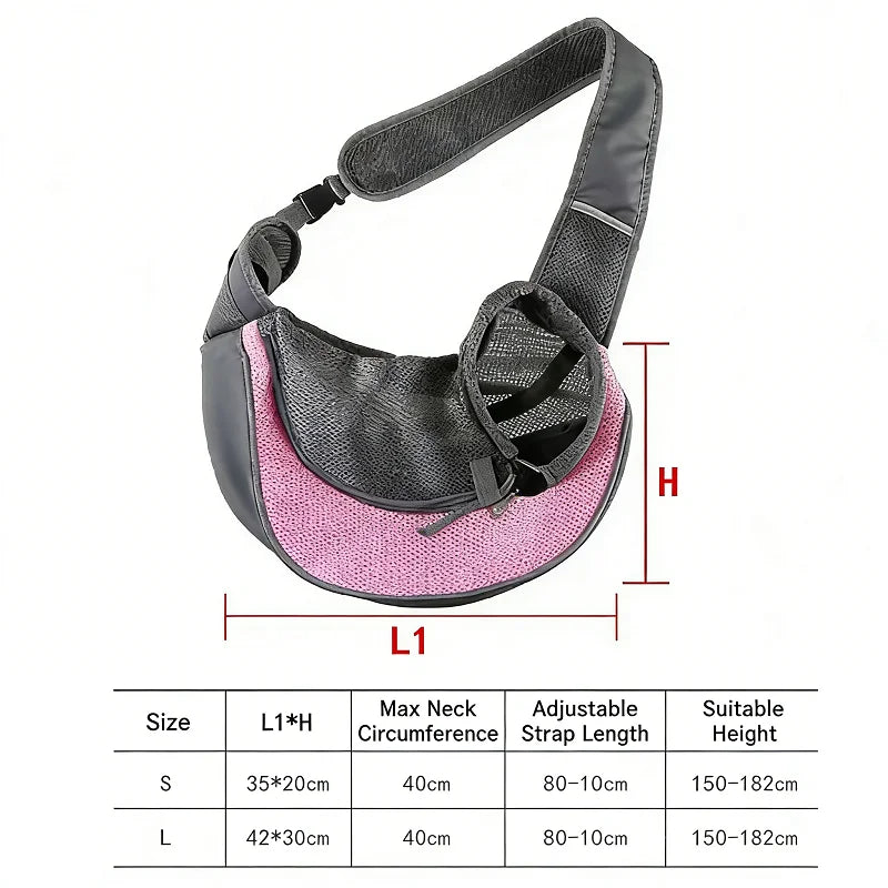 Pink mesh pet sling with S and L size chart