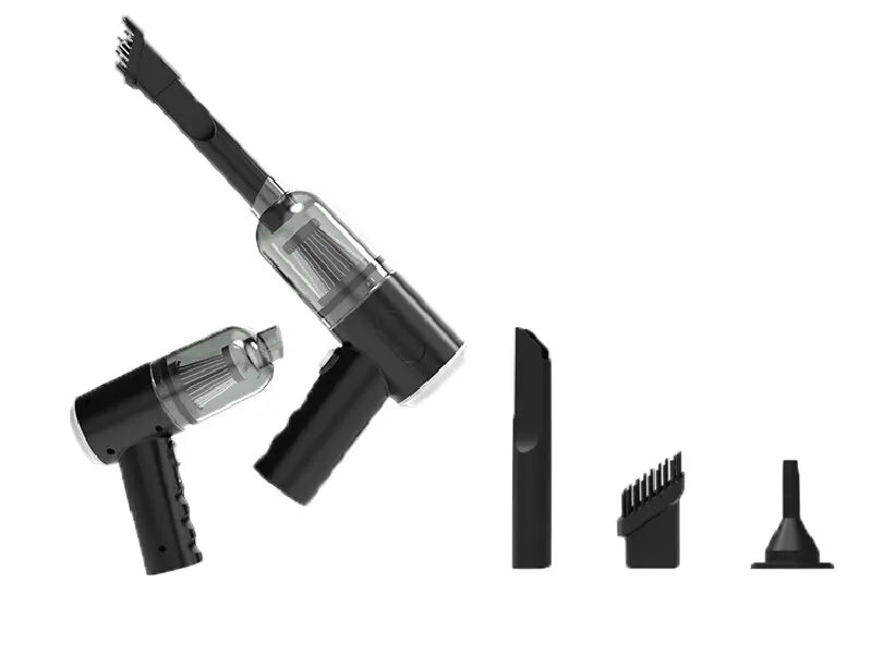 Black vacuum with included nozzle attachments on white