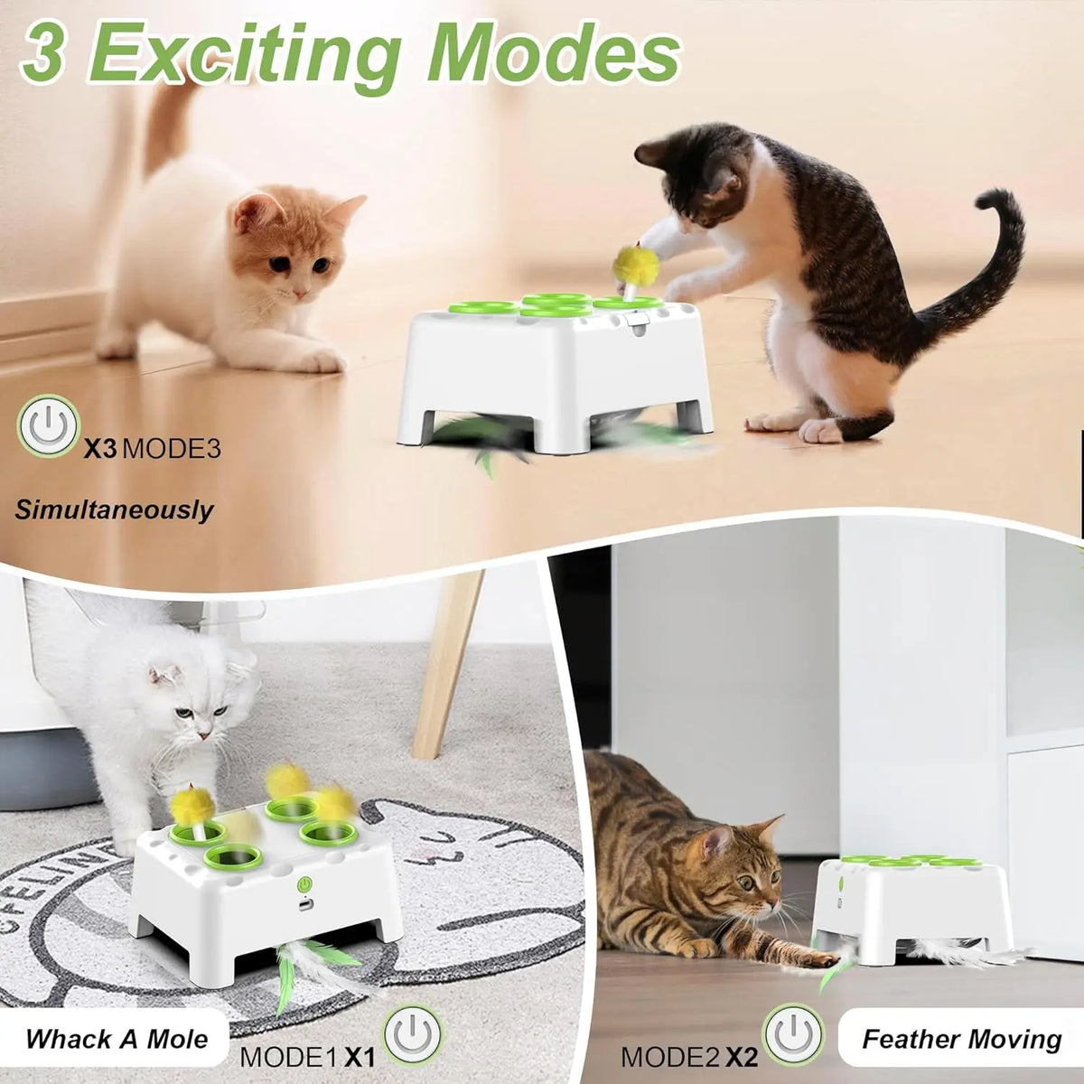 Cats exploring the three play modes of the pop-up toy