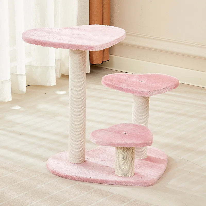 Pink three-level cat tree in a room