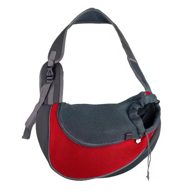 Red and gray crossbody pet sling on white background