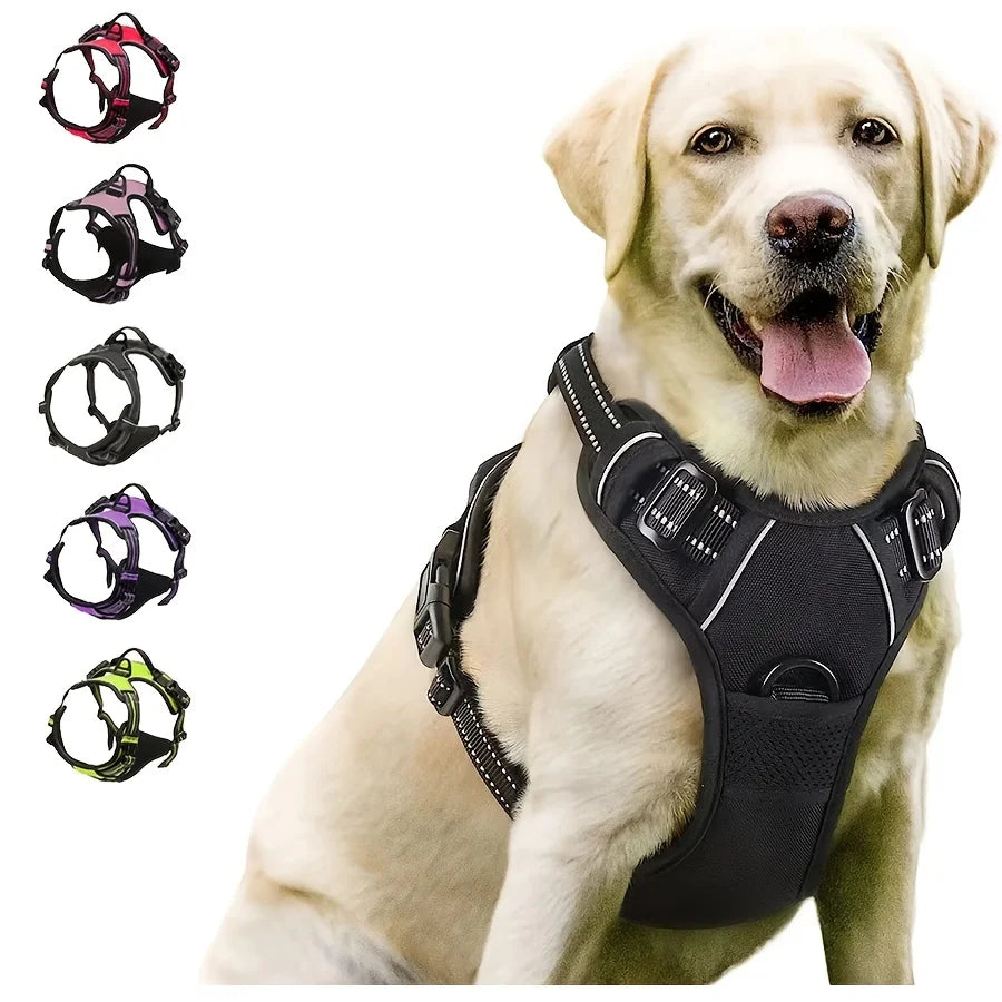 Black reflective dual-clip dog harness on a Labrador