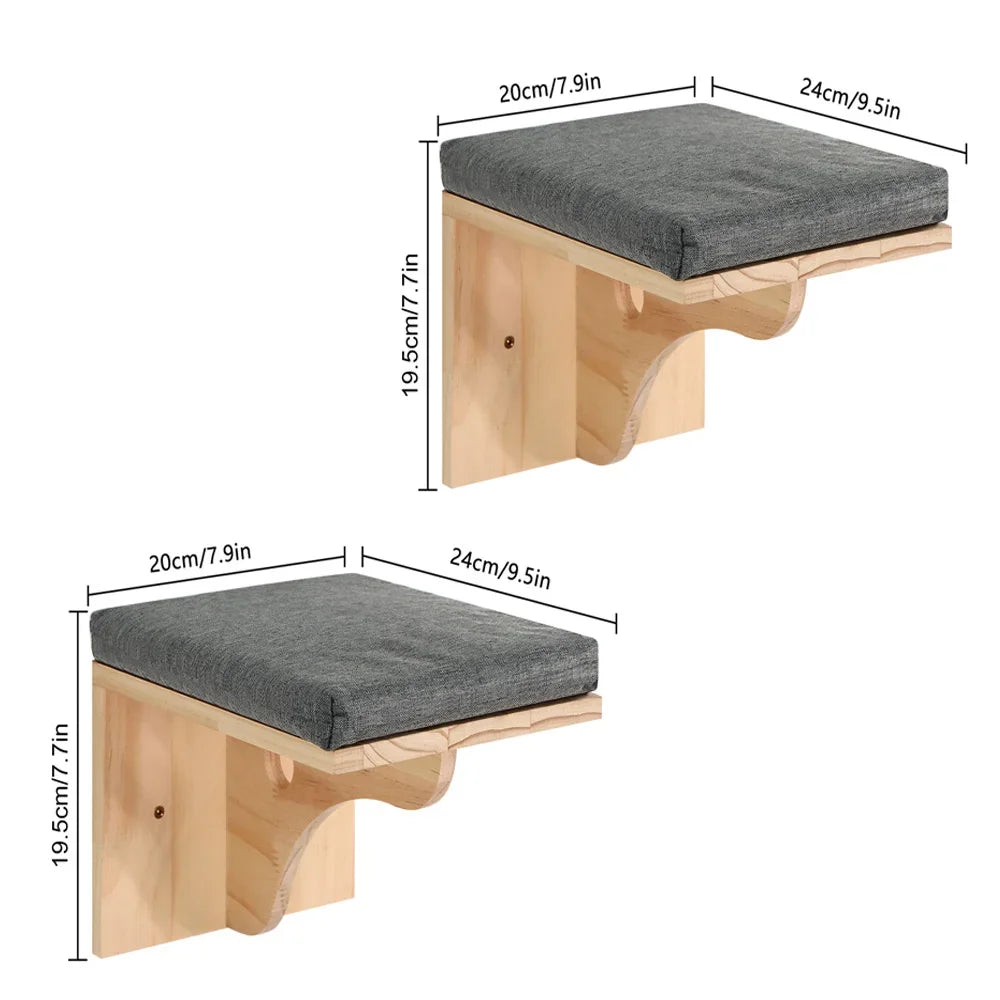 Two natural wood cat wall platforms with gray carpet
