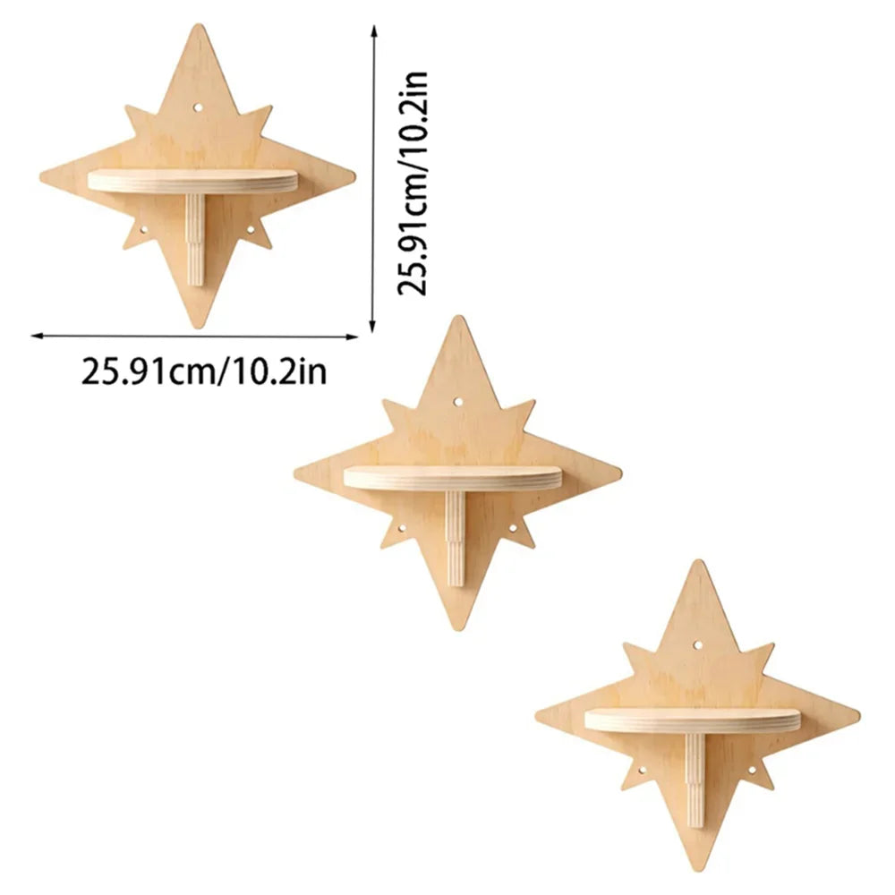 Set of three natural wood star-shaped cat wall shelves
