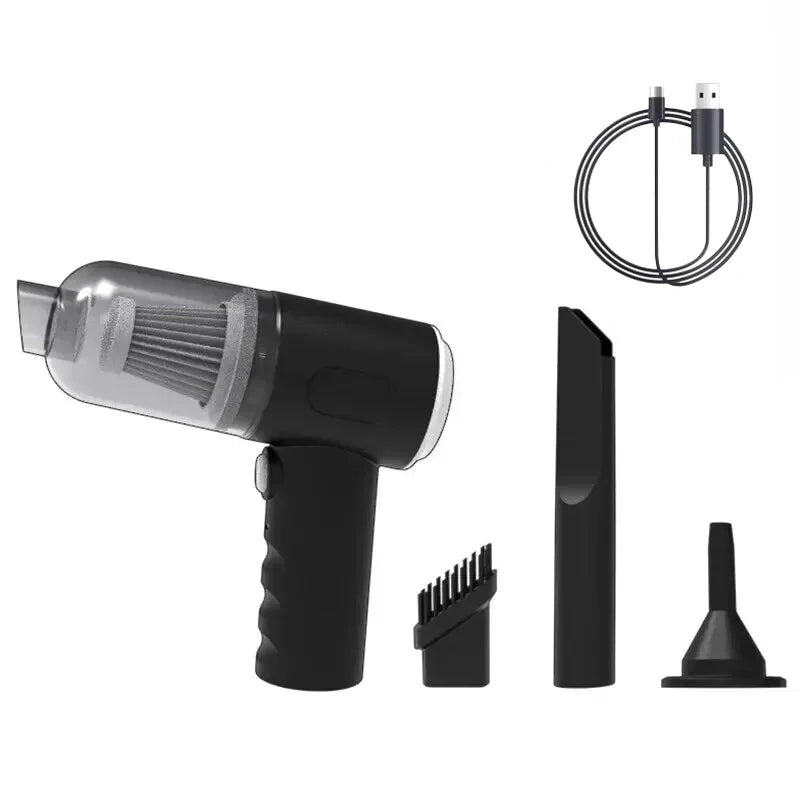 Black handheld vacuum with USB cable and nozzle attachments