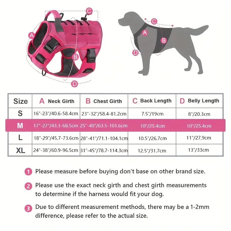 Tactical dog harness size chart with four body measurements
