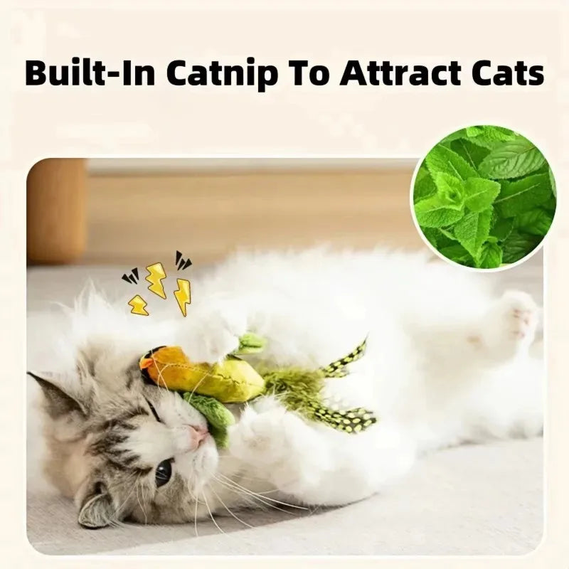 Cat cuddling a plush bird toy with catnip graphic