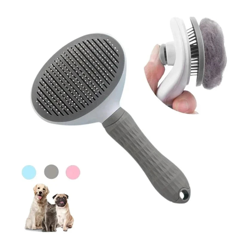 Self-cleaning slicker brush shown before and after hair release