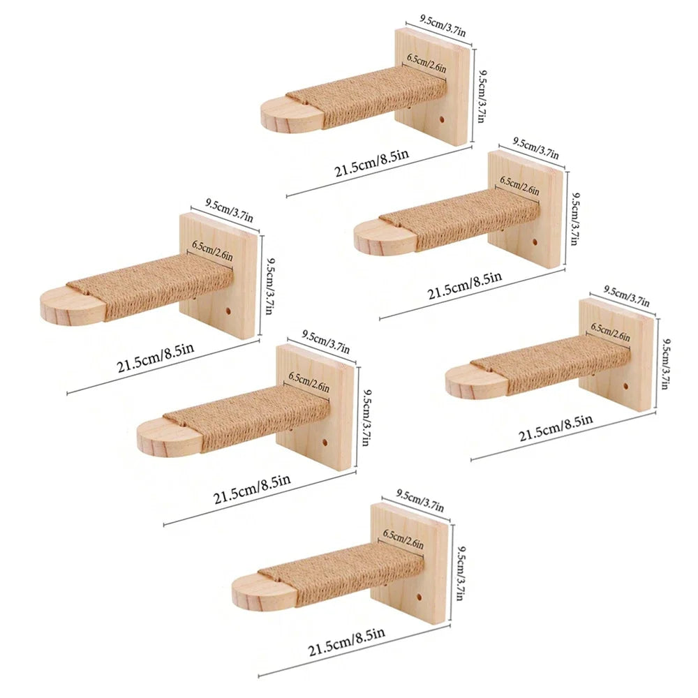 Set of six natural wood and sisal cat wall steps