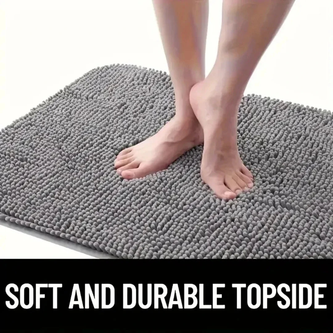 Bare feet standing on the textured gray mat