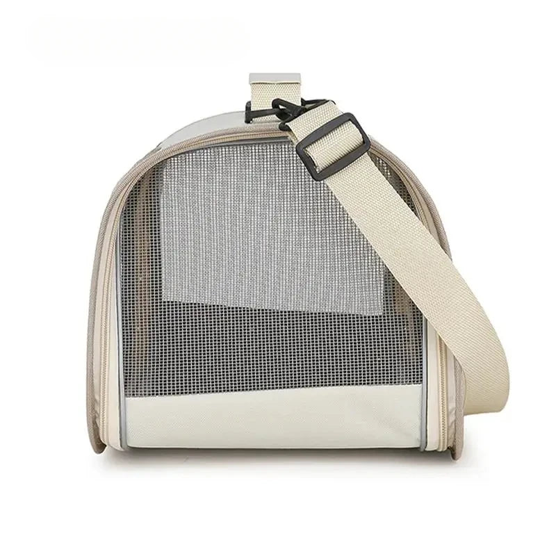 Small dog resting inside ventilated carrier tote