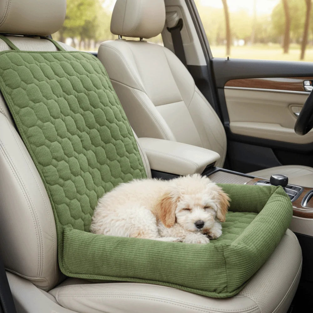 Green single-seat pet car bed with a small dog
