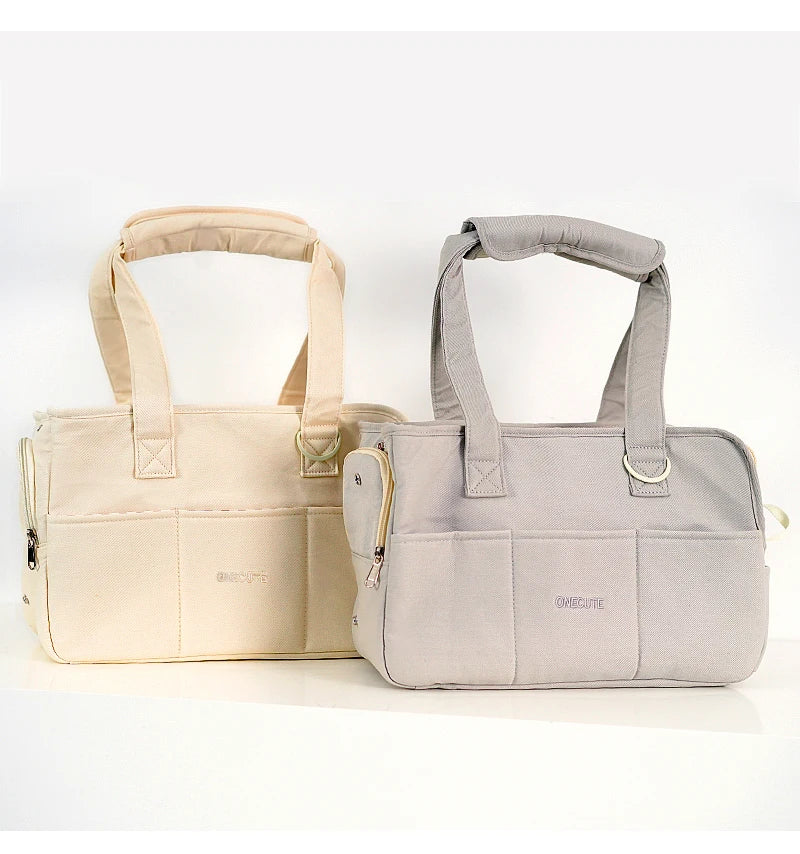 Beige cotton carrier tote interior view