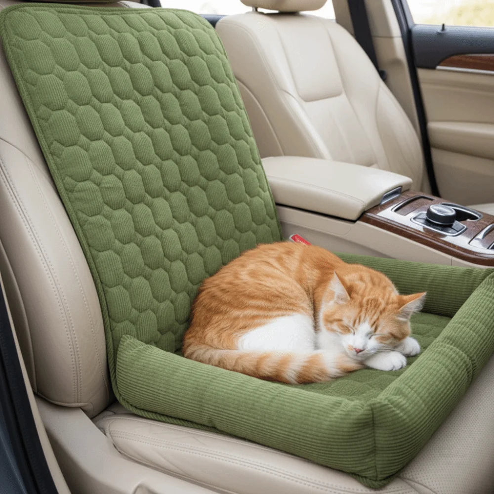 Green quilted pet car bed with a cat