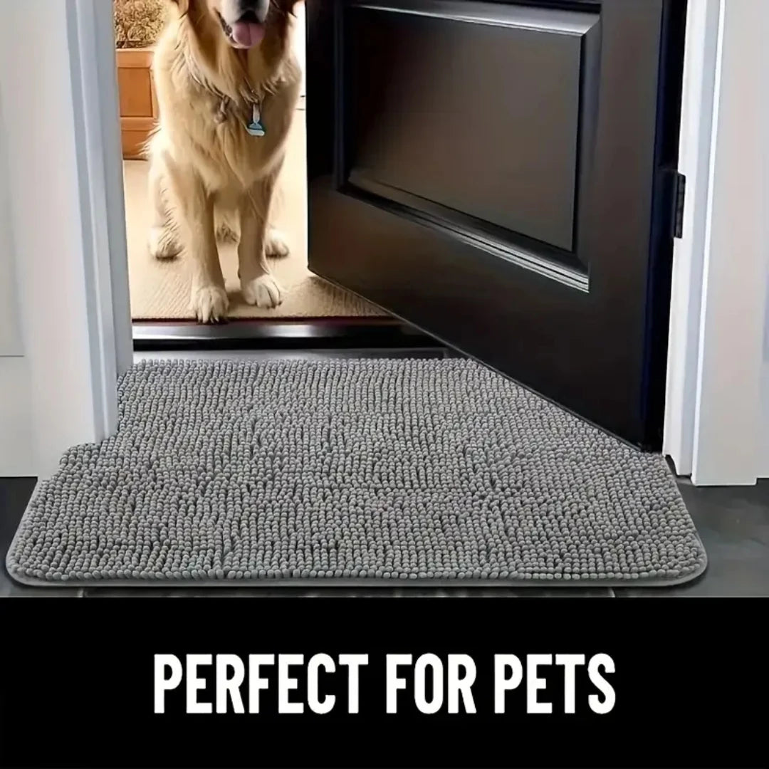 Gray pet mat placed across an indoor doorway