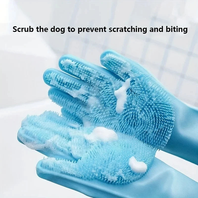 Blue silicone gloves lathering a dog's wet coat