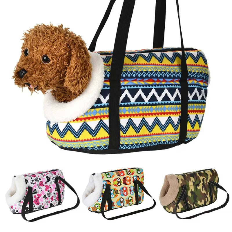 Plush-lined pet carrier bags in three print families