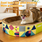 Cat beside the colorful oval scratcher bed