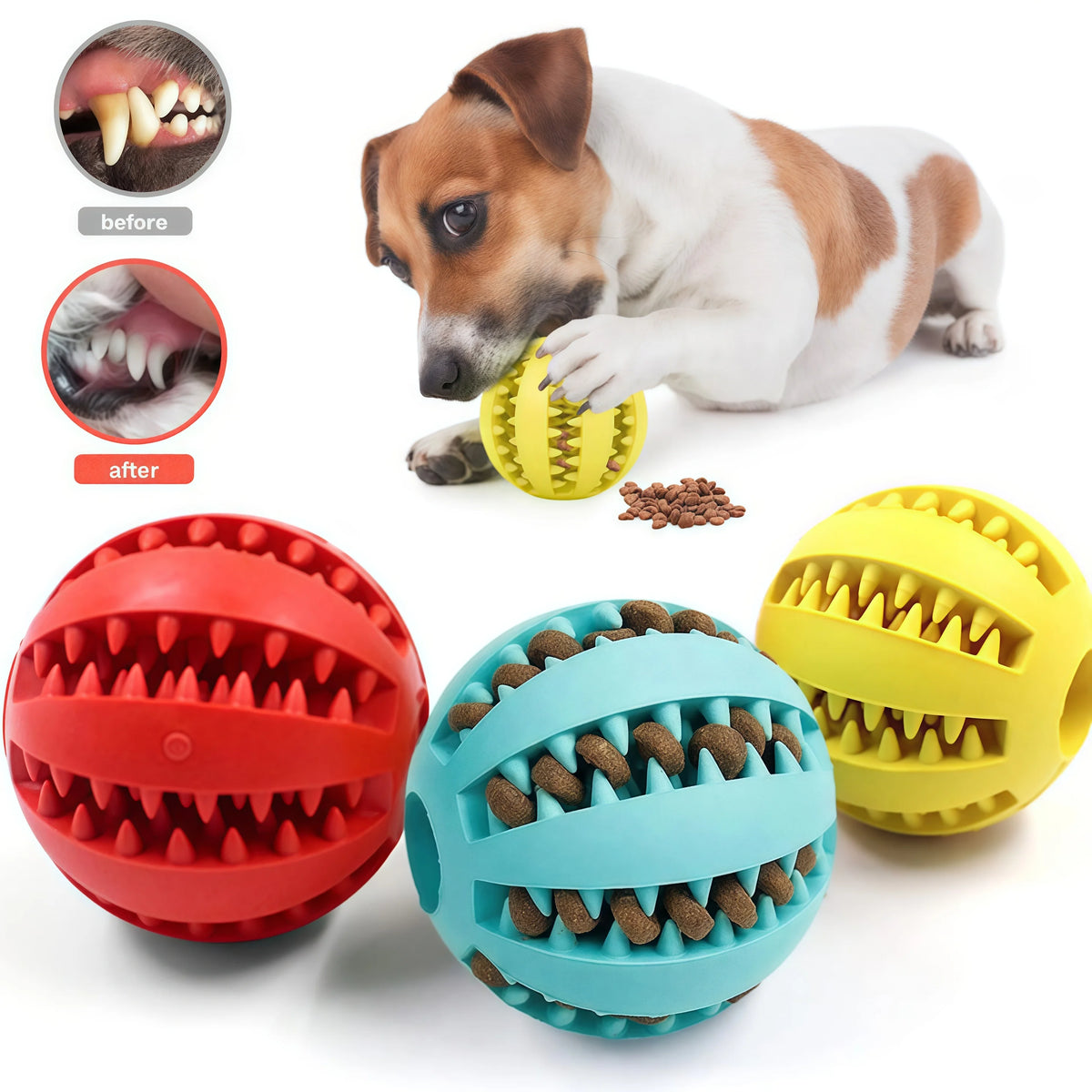 Rubber treat-dispensing dog balls in red, light blue and yellow