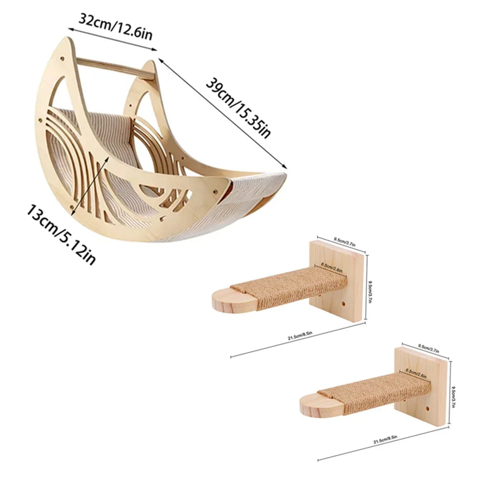 Moon-shaped cat wall hammock with two sisal steps