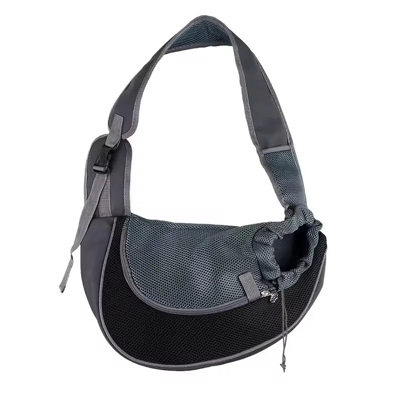 Black and gray crossbody pet sling on white background