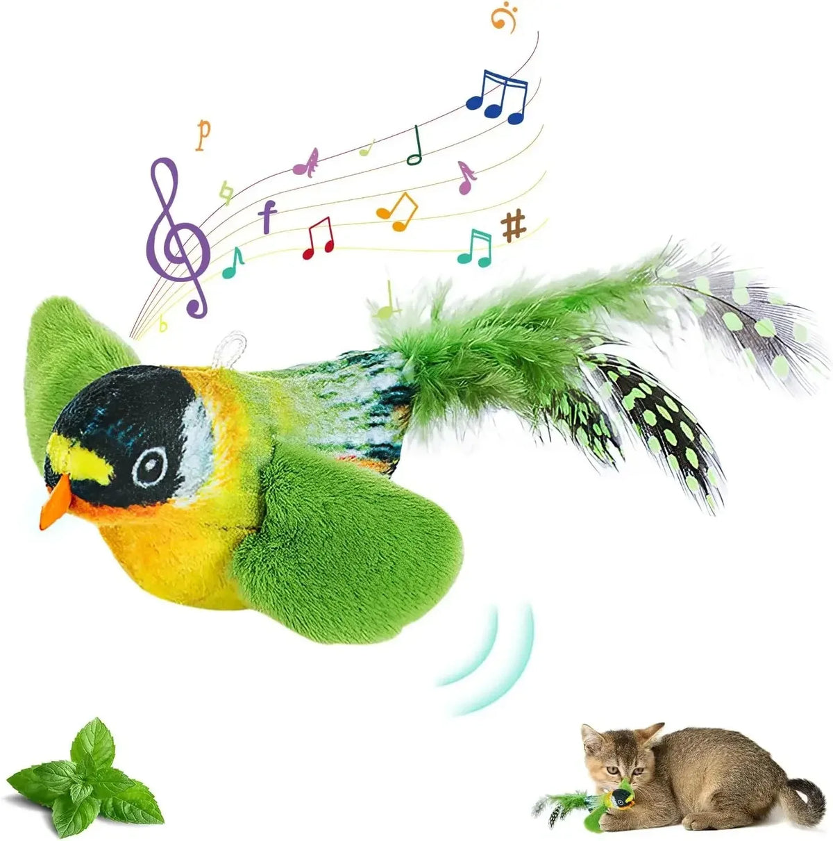 Green chirping bird cat toy with feather tail