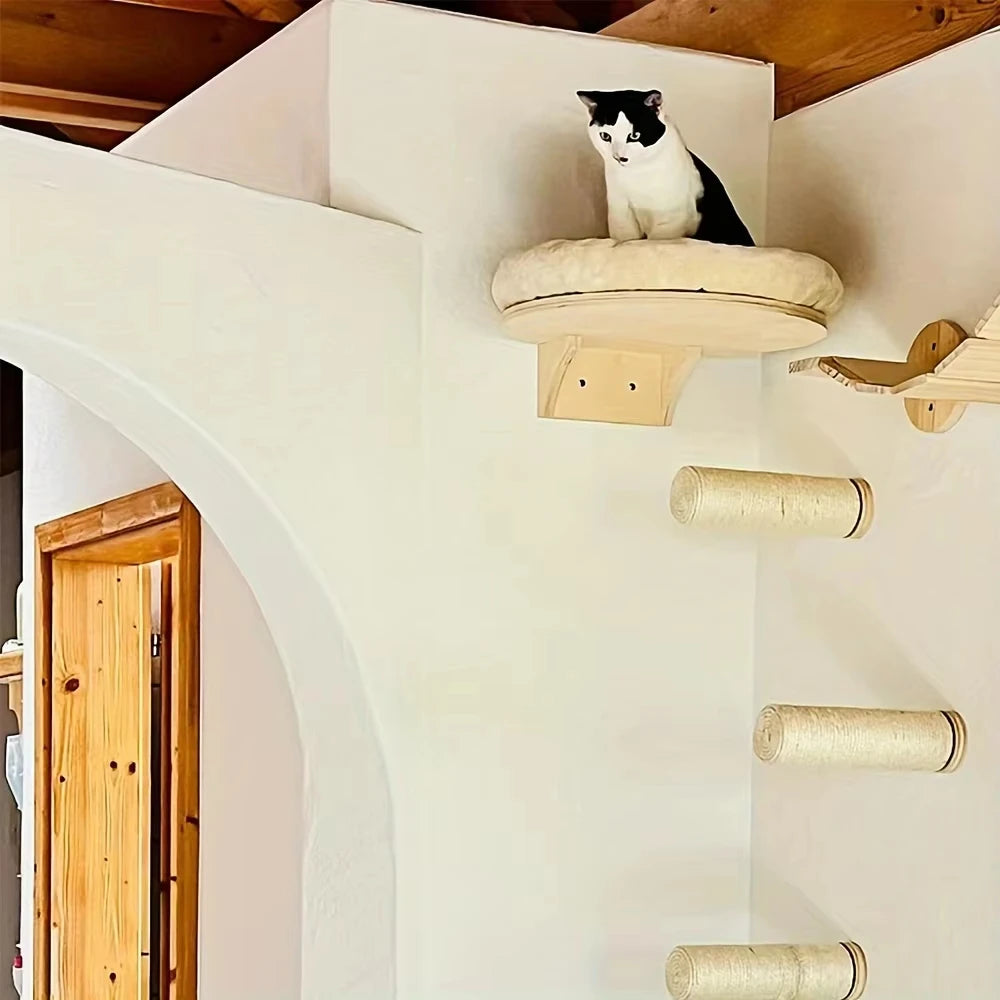 Wall-mounted cat hammock with sisal climbing posts