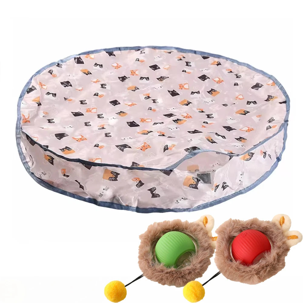 Printed hideaway pouch with red and green smart cat ball options