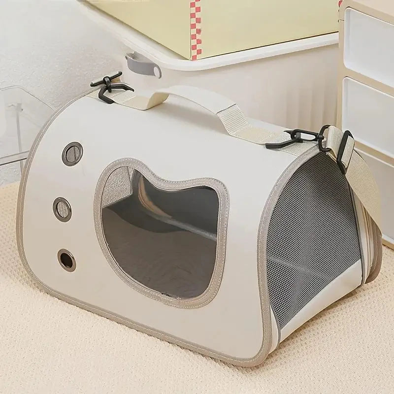 Cream foldable pet carrier tote with mesh ventilation