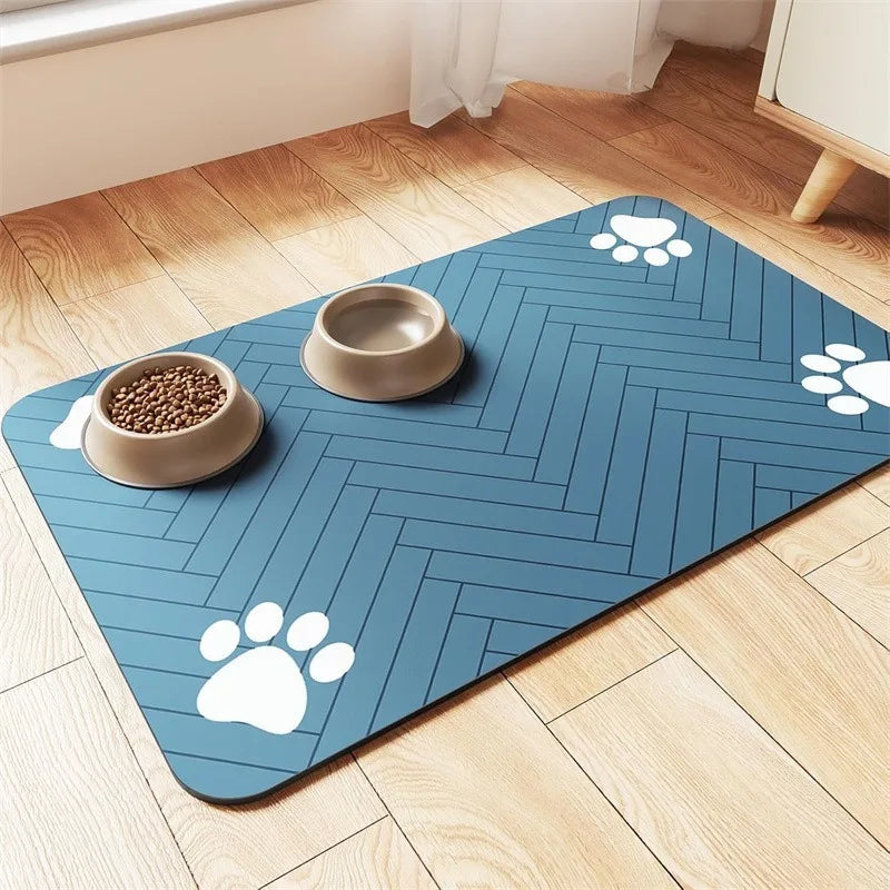 Blue Herringbone quick-dry pet feeding mat