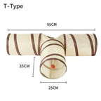 Beige and brown T-shaped cat tunnel dimensions