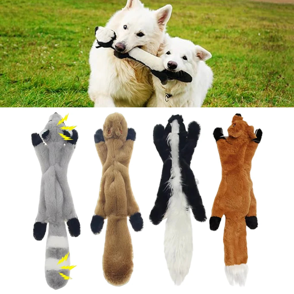 Dog carrying a stuffing-free animal toy with all four styles shown