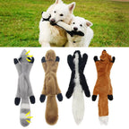 Dog carrying a stuffing-free animal toy with all four styles shown