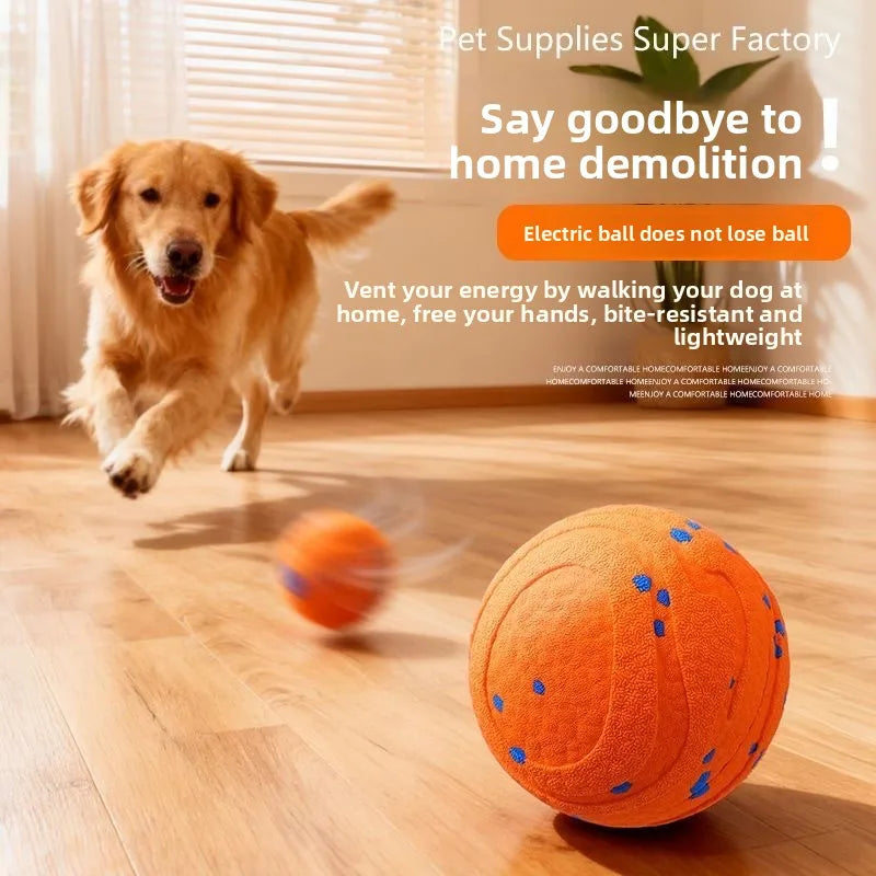 Orange felt-covered rechargeable rolling dog ball